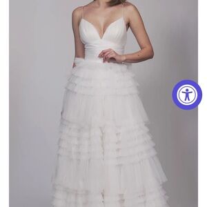 Dave & Johnny White Tiered Tulle Spaghetti Strap Bridal Gown